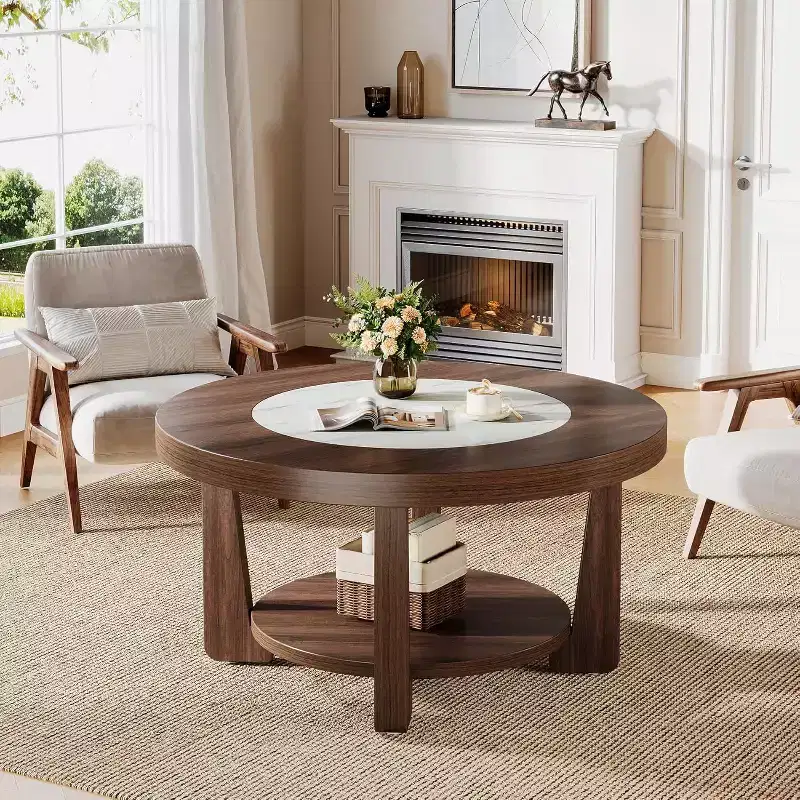 Lantine Coffee Table, 2-Tier Round Accent Center Table with Storage for Living Room