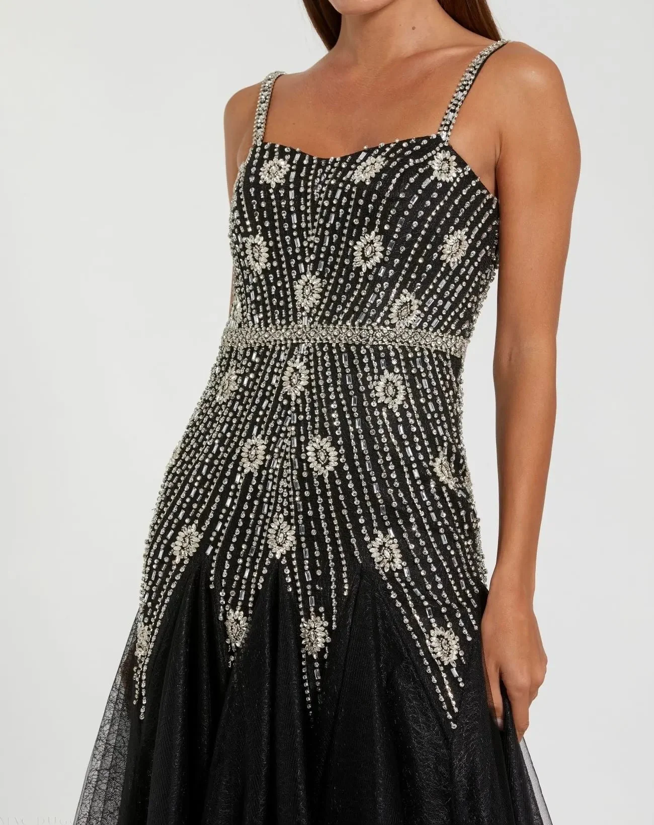 Black Slim Strap Embellished Bustier Gown
