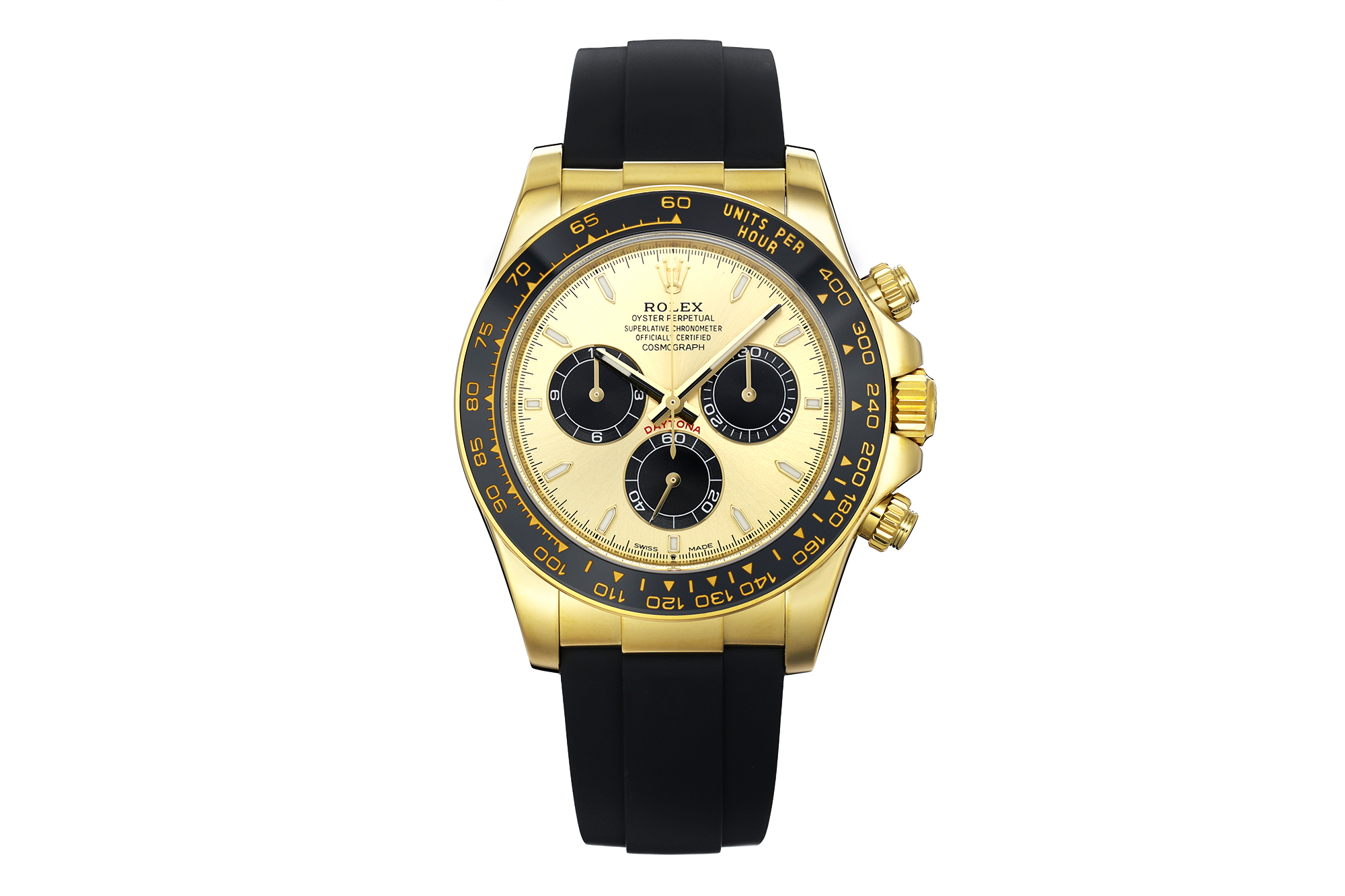 Gold Rolex Daytona replica with black dial and rubber strap