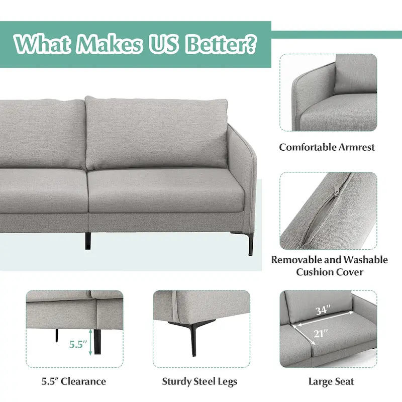 Modern 76 Loveseat Sofa Couch with Metal Legs Gray