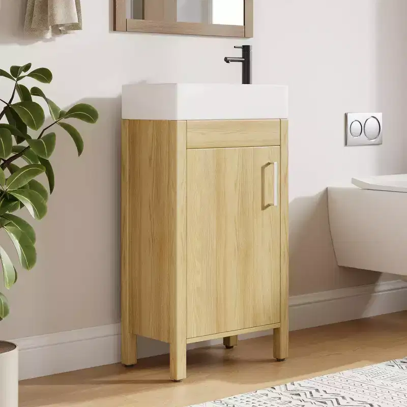 Space-Saving Modern Bathroom Vanity with basin - 16 Inch Freestanding Wooden Cabinet, Metal Handle, Farmhouse Style, Easy Assembly
