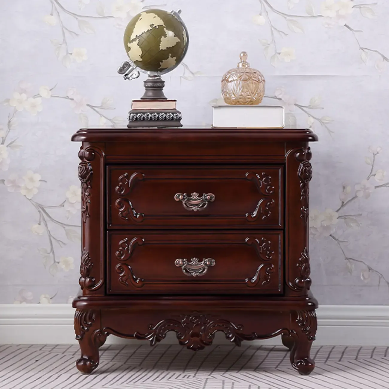 Traditional Carved Wood 2-Drawer Nightstand