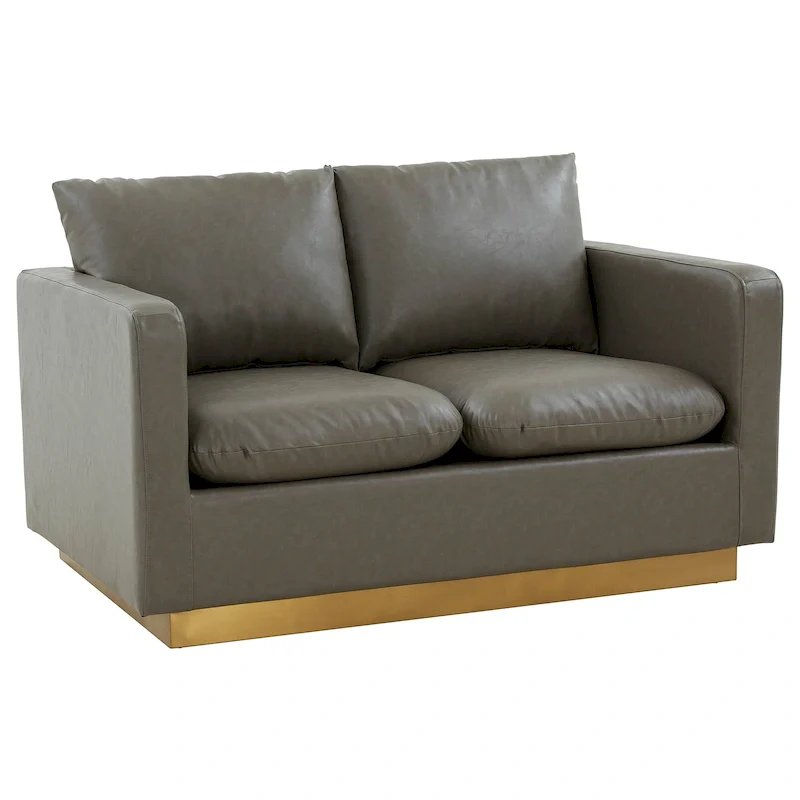 LeisureMod Nervo Modern Leather Loveseat With Gold Base & Cushions - 55.9
