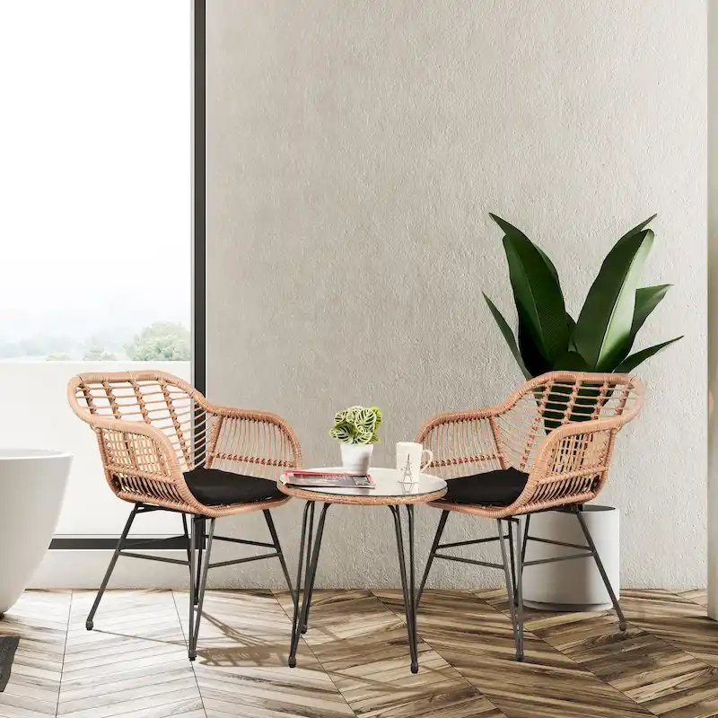 Outdoor Wicker Chairs Conversation Set with Cushions (Set of 3) - 21.26 L x 23.62 W x 31.5 H