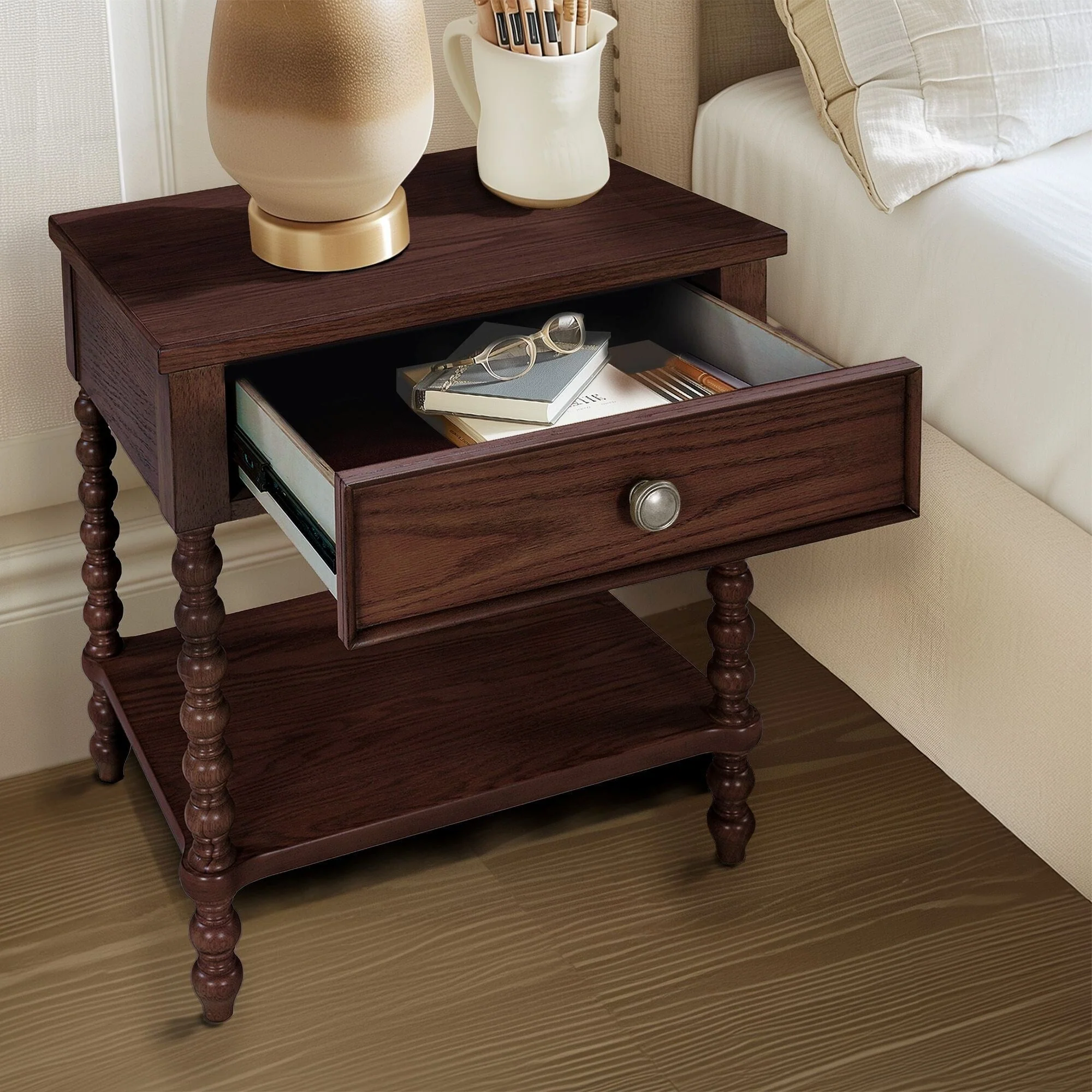 Madison Park Signature Beckett Turned Wood Spindle Nightstand with Drawer & Shelf