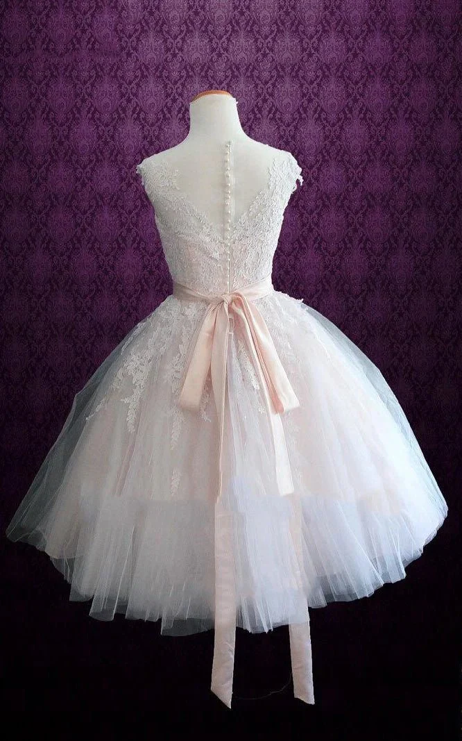 Short Tea-Length Tulle Lace Satin Wedding Dress