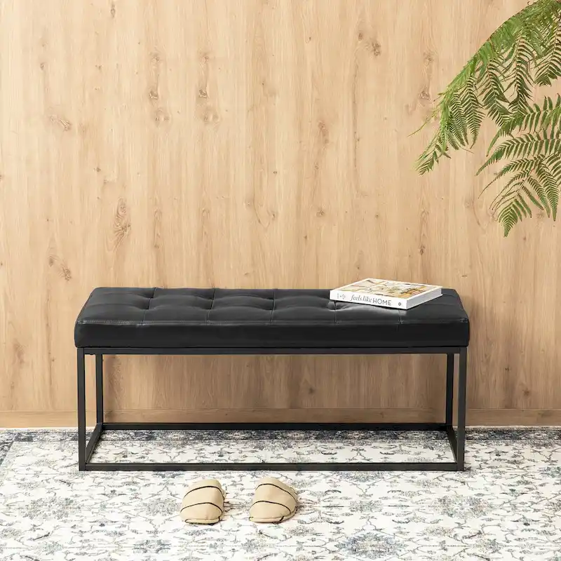 45W Modern Black Tufted Upholstered Bench with Metal Frame Legs - 45W x 19H x 17.5D