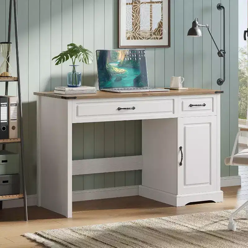 47in Farmhouse Executive Desk for Bedroom, Living Room, Rustic Workstation Computer Desk with Drawers and Storage Cabinet for Work and Study, White