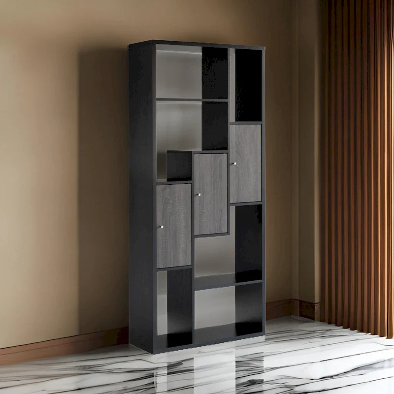 Black & Gray Modern Display Cabinet – 7 Shelves, 3 Doors