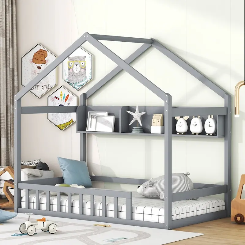 White/Grey Twin House Bed with Roof, Fence & Storage Shelf – 1 Kid