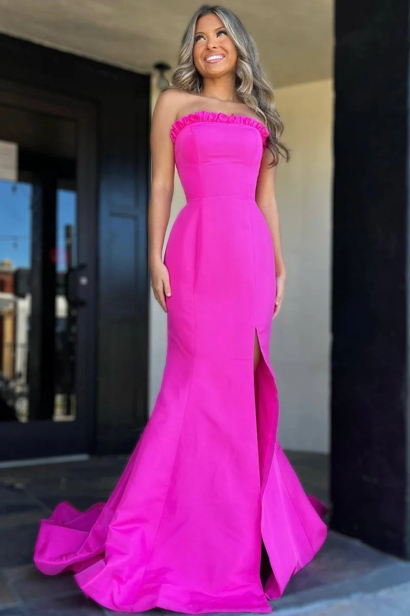 Strapless Maganta Ruffle Mermaid Slit Long Prom Dress