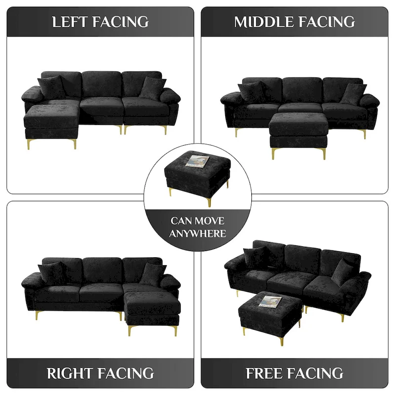 Upholstered Velvet Sectional Sofa with Pillows & Ottoman