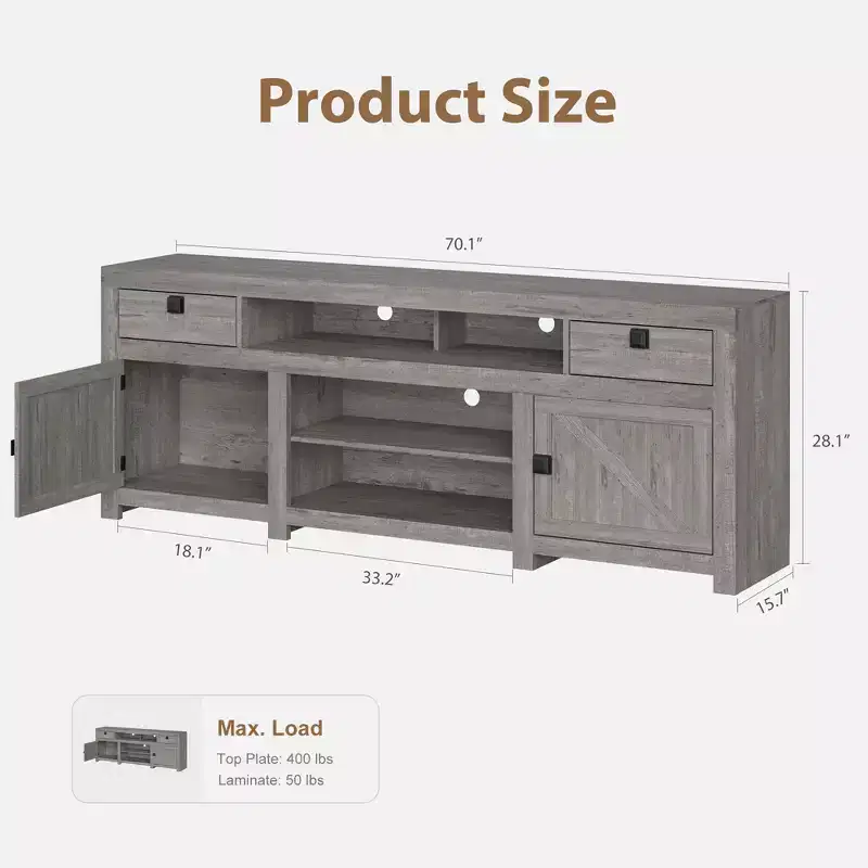 GustoWave 70.1 Farmhouse TV Stand, Media Console with Storage Drawers & Open Shelf for Living Room, Bedroom
