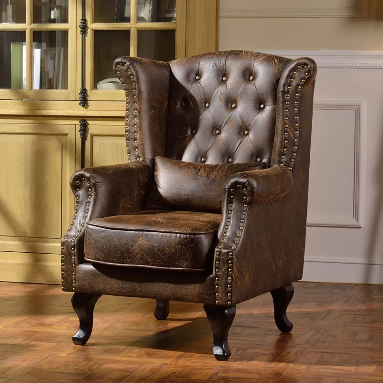 Traditional Leather Wingback Accent Chair with Nailhead Trim