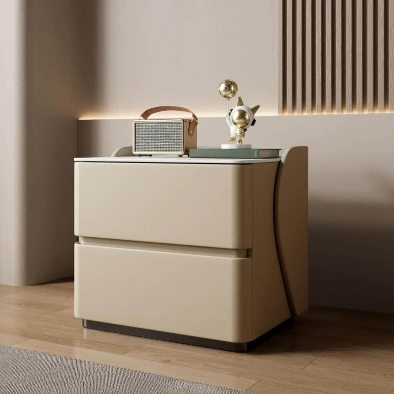 Modern Stone Top Leather Pine 2-Drawer Nightstand