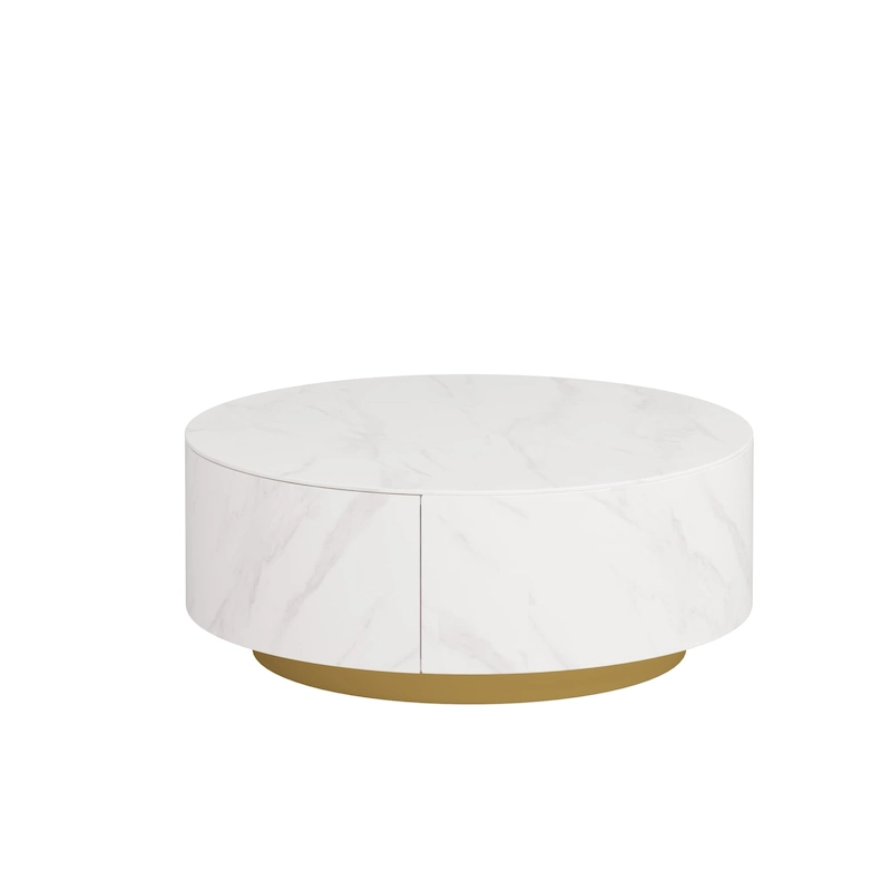 Modern Marble Top Round Coffee Table with Metal Base and 2 Drawers