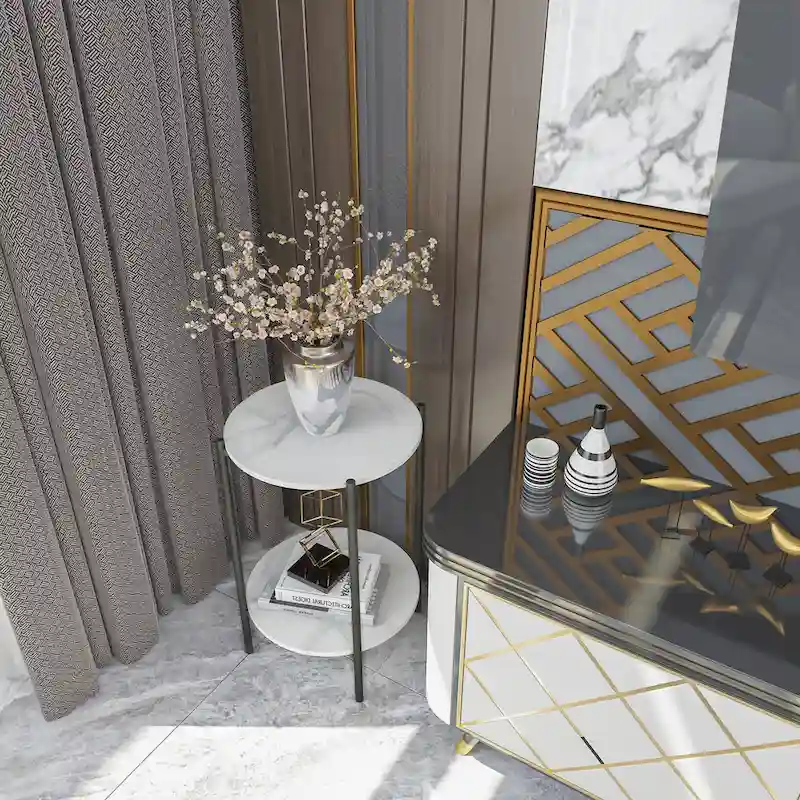 2-Tier Round Marble Side Table with Black Metal Frame