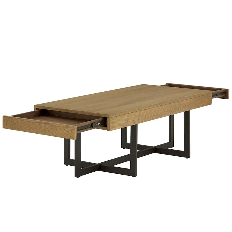 Wood Finish Coffee Table with Two Drawers - Black Metal Frame