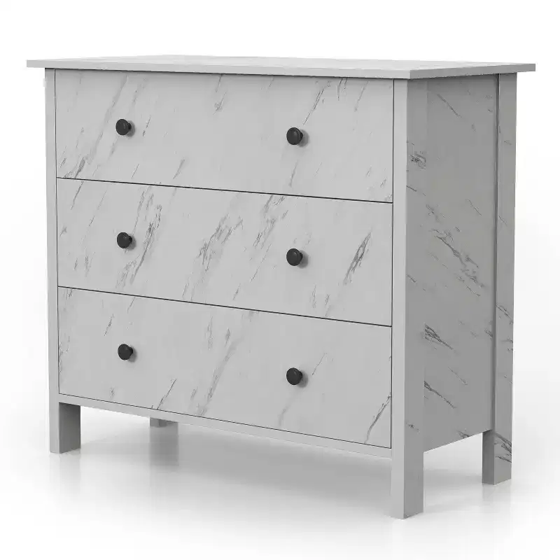 Fichte Transitional 3 Drawer Faux Marble Dresser White Marble - miBasics: Elegant Storage, MDF & Particle Board Construction