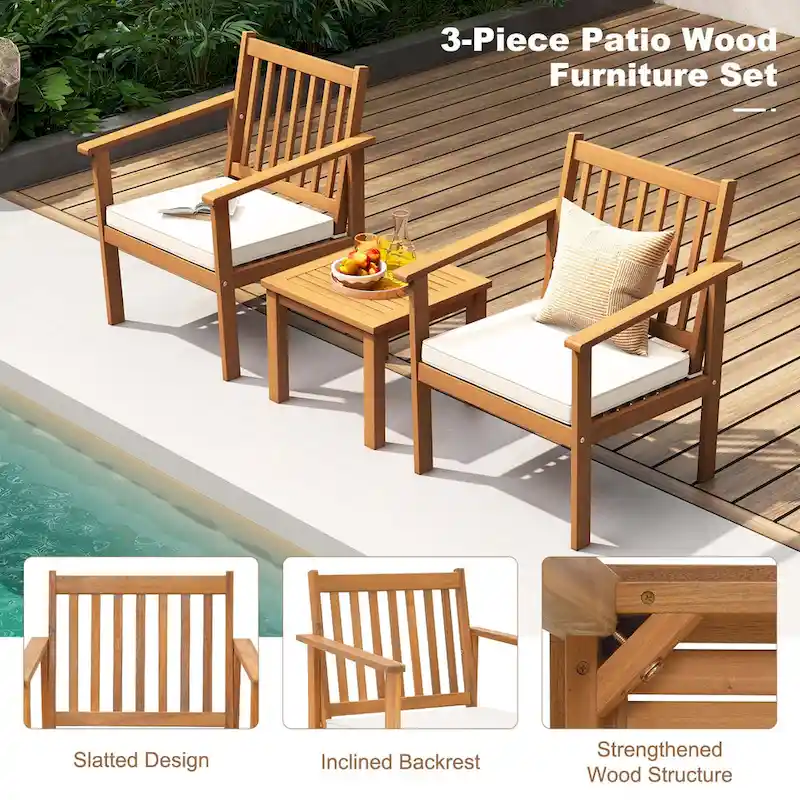 Costway 3 PCS Patio Wood Furniture Set Acacia Wood Chairs & Coffee - See Details