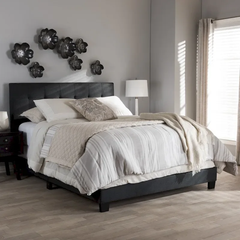 Upholstered Panel Bed, Grid Tufted Headboard, Rubberwood and MDF Frame, Contemporary Style, Charcoal Grey, Full / Queen / King, 2 People