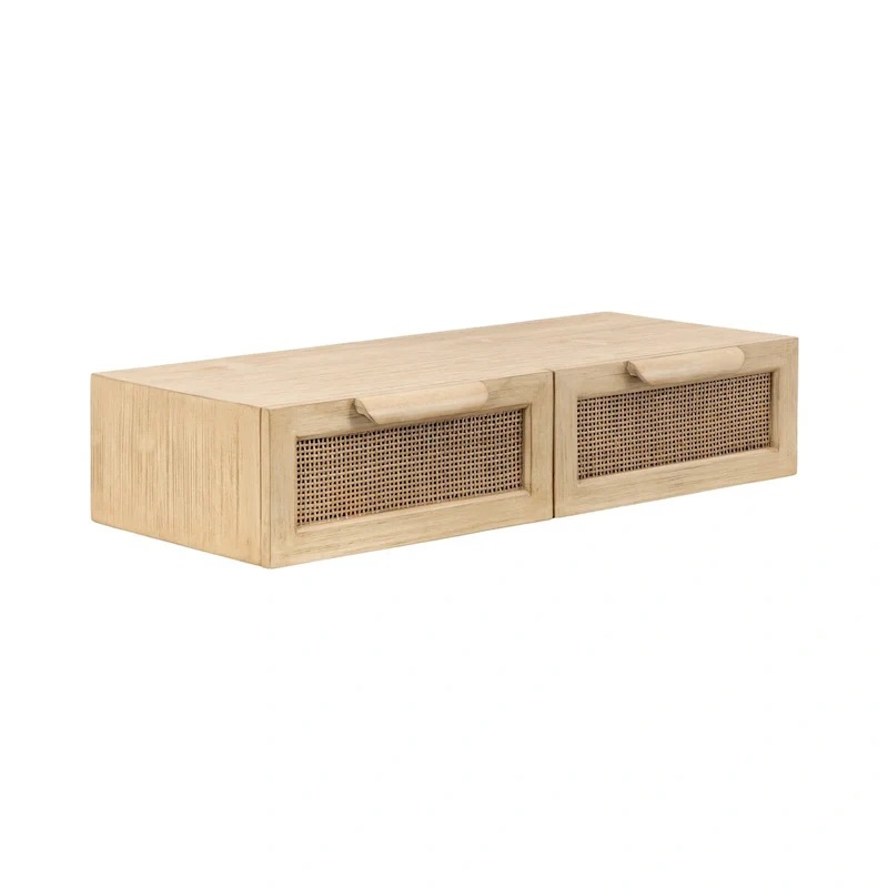 Natural Wood & Rattan Floating Wall Shelf with Drawers, Natural, 1-Person
