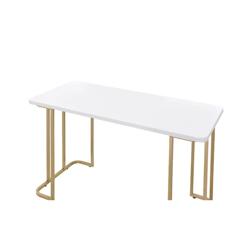 White Antique Writing Desk with Curved Metal Sled Base & Gold Accents – 1-Person