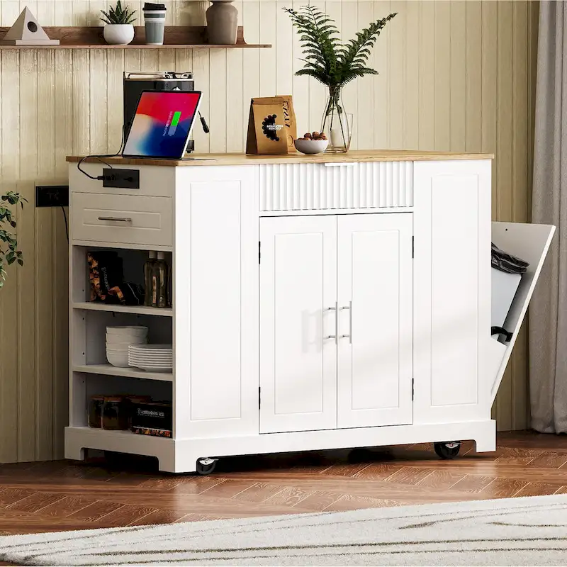 Black / Grey+Blue / White Fluted Kitchen Island Cart with Trash Cabinet, Power Outlet – Seats 2