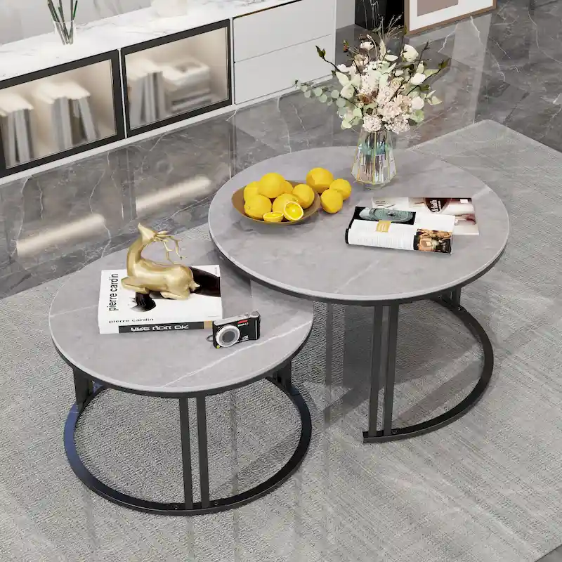 2X Round Nested Coffee Table SinteredStone Top Metal Tables - 27x16