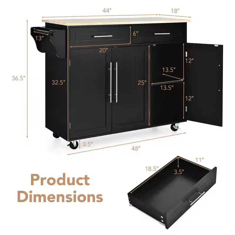 Costway Kitchen Island Trolley Cart Wood Top Rolling Storage Cabinet w/Knife Block Black