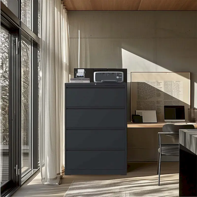 Black / White 4-Drawer Steel Lateral File Cabinet – 2-Person Office