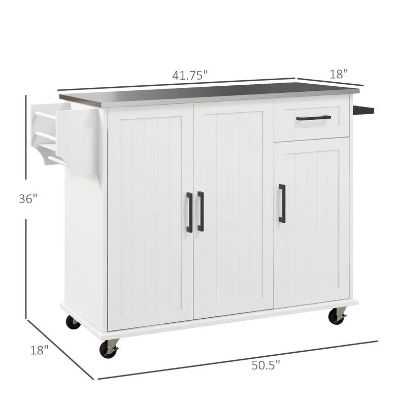 50.5Kitchen Island Rolling Kitchen Cart on Wheels with Drawer,3 Cabinets,Stainless Steel Countertop,Spice Rack and Towel Rack