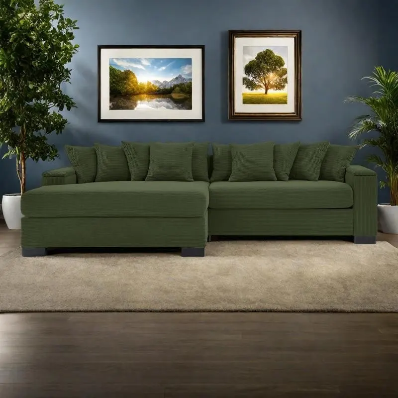 Green / Reddish Brown / Beige / Grey Corduroy L-Shaped Sectional Sofa, Reversible Chaise, 2-Seat