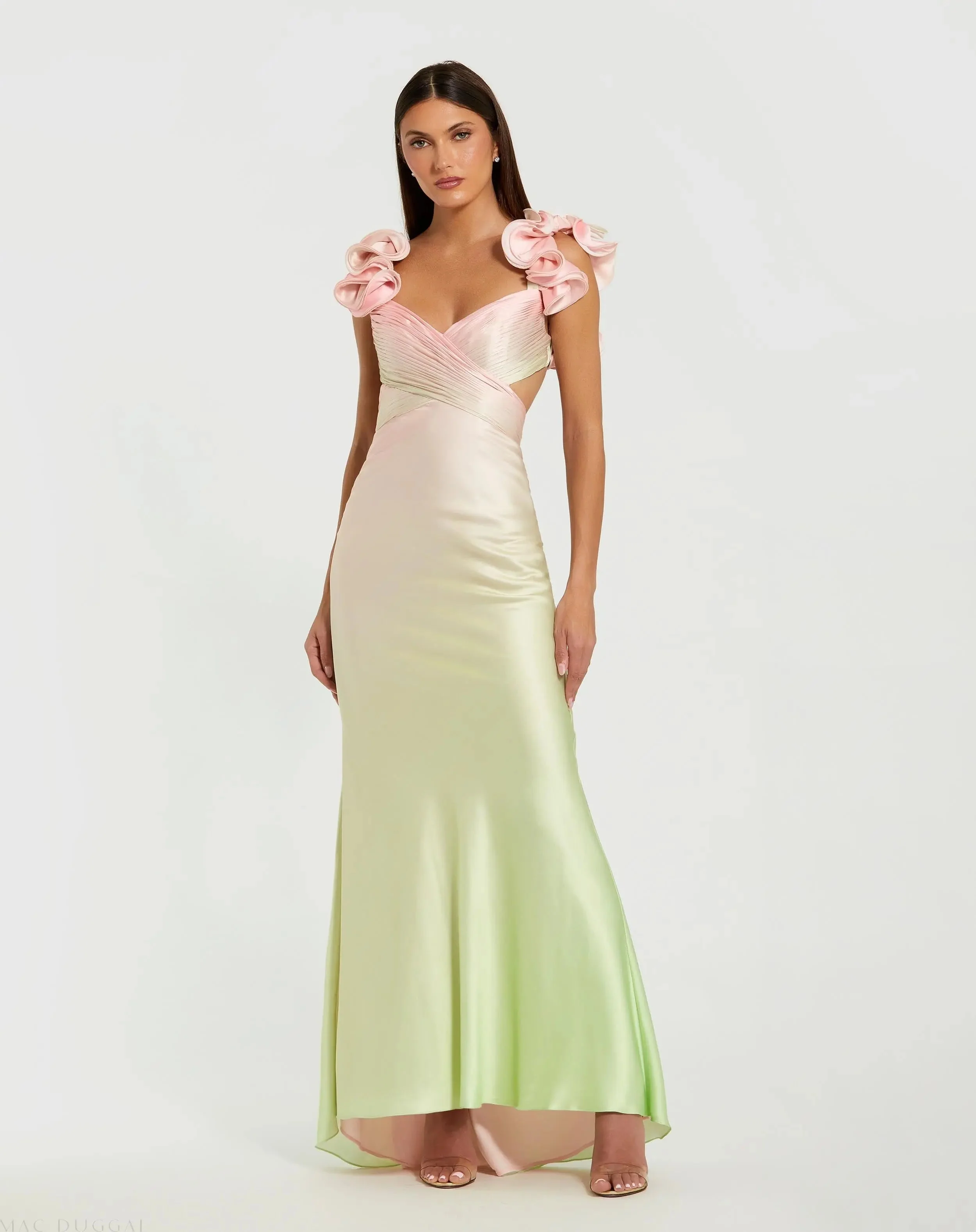 Pink and Green Charmeuse Ruffle Strap Crossover Ombre Gown