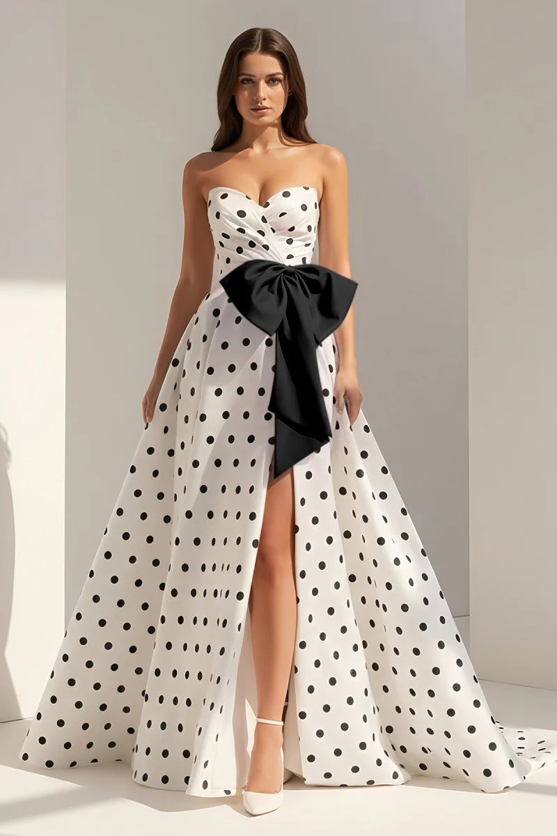 Fuchsia Strapless A Line Polka Dots Satin Long Prom Dresses With Bow