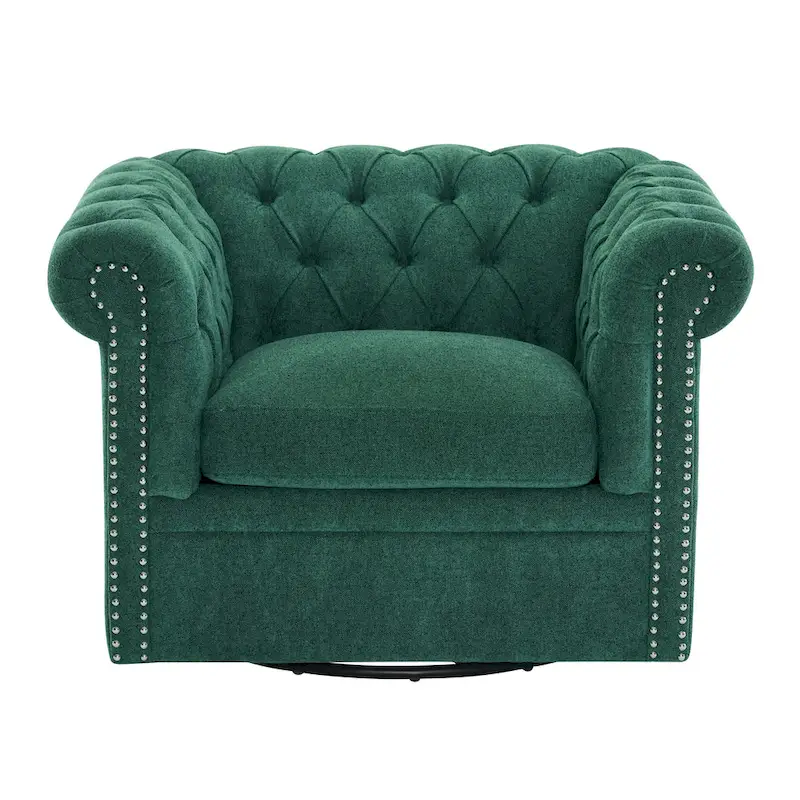 Swivel Button-Tufted Club Chair – Dark Green / Cognac, Chesterfield Style, Single Seat