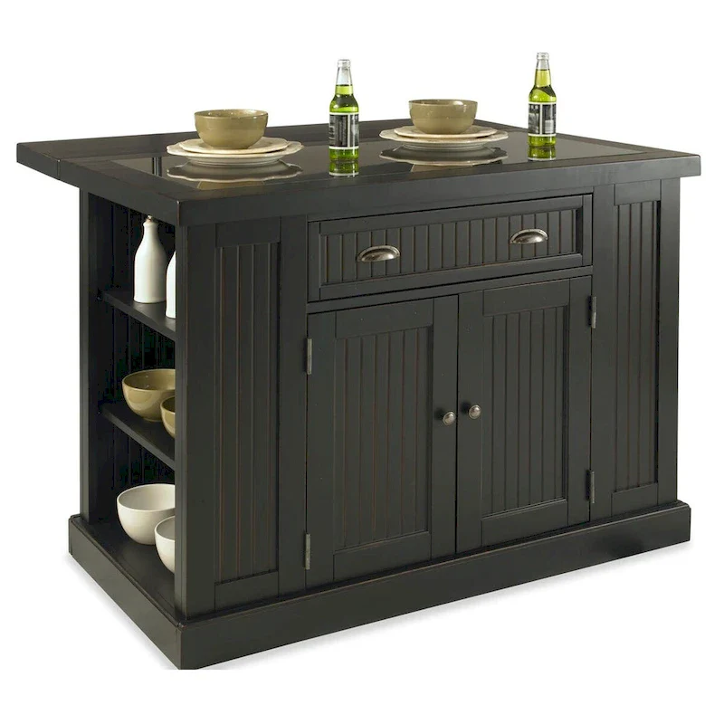 Nantucket Black Wood and Granite Inlay Kitchen Island