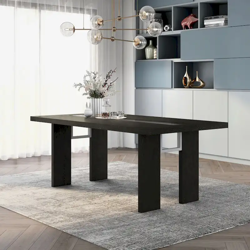 Contemporary 76-inch Glass Dining Table with LED - Seats 6-8 People - Grey/Black - Tempered Glass Inlay