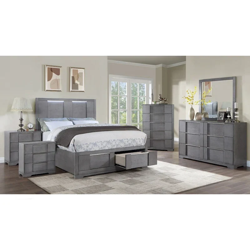 Furniture of America Tona Contemporary 6-Piece Grey Wood Storage Platform Bedroom Set with LED Lights
