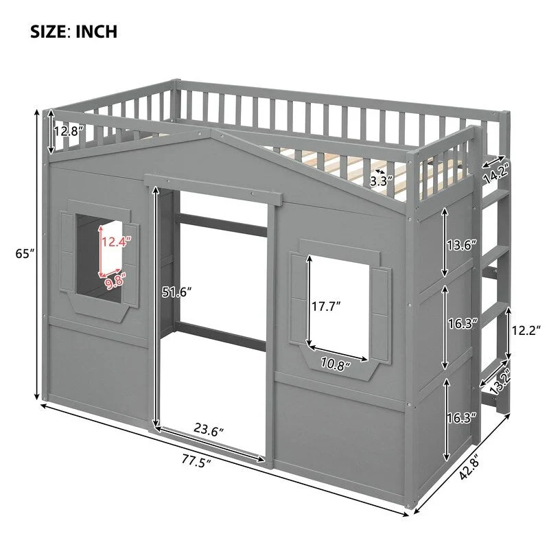 House Loft Bed Twin Kids Playhouse Bed, Solid Wood Loft Bed Frame with Window and Ladder
