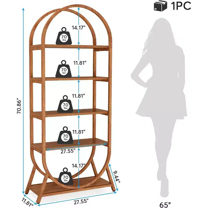 Lantine 70.8-Inch 5-Tier Open Bookshelf, Tall Arched Bookcase, Modern Brown Storage Shelves for Office, Bedroom, Living Room, Easy Assembly