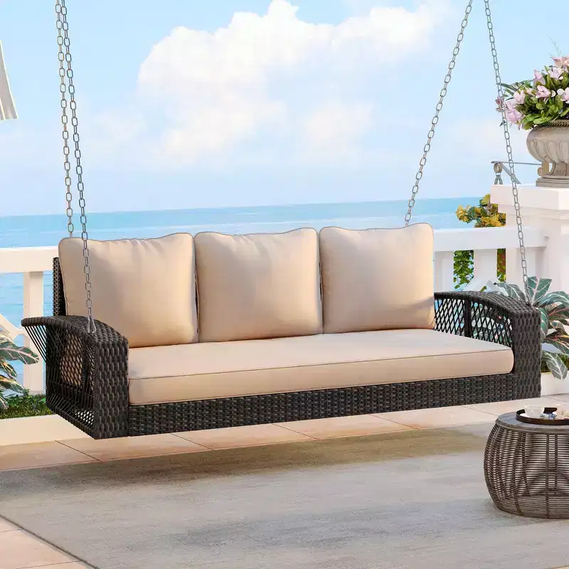 Whisen Weather Resistant 69 PE Wicker 3-Person Outdoor Swing Chair Patio Hanging Porch Swing Bench with Chains and Cushions