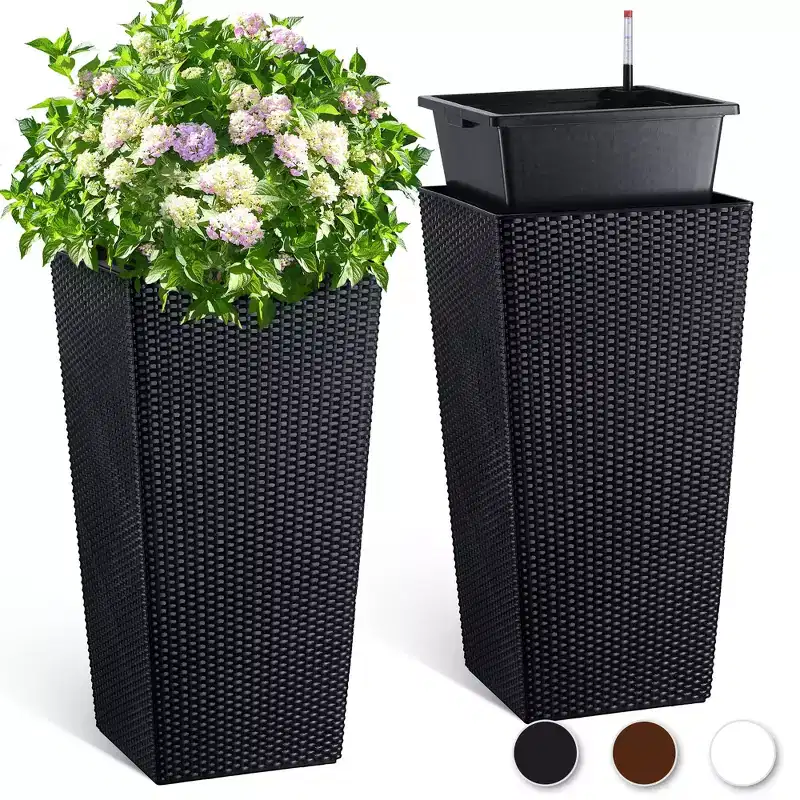 30 Inch Tall Planter Set of 2 Flower Pot with Water Level Monitor & Wheels Outdoor and Indoor for Patio, Living Room, or Home Office, Black