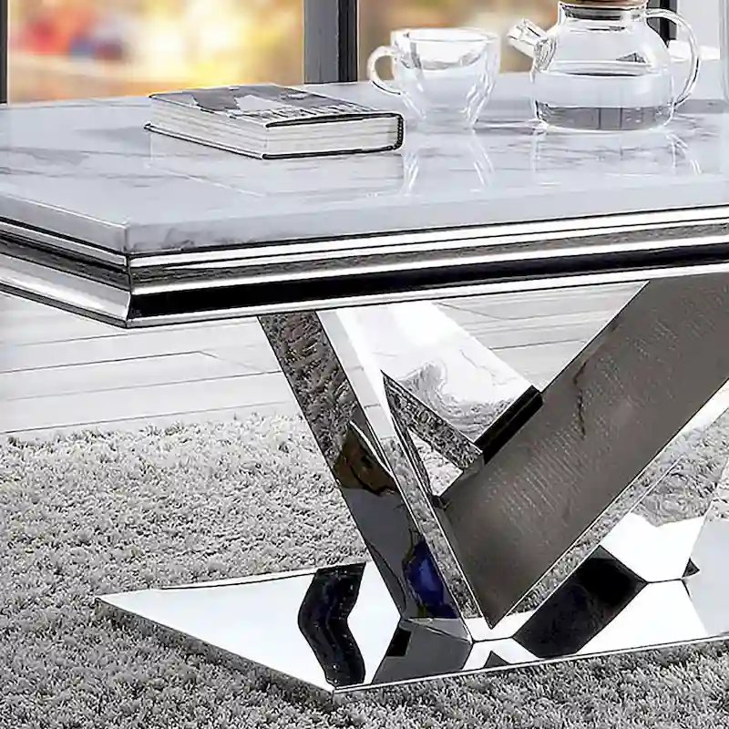 51-Inch Glam Faux Marble Top Coffee Table with Chrome V-Style Pedestal Base, Stainless Steel for Living Room