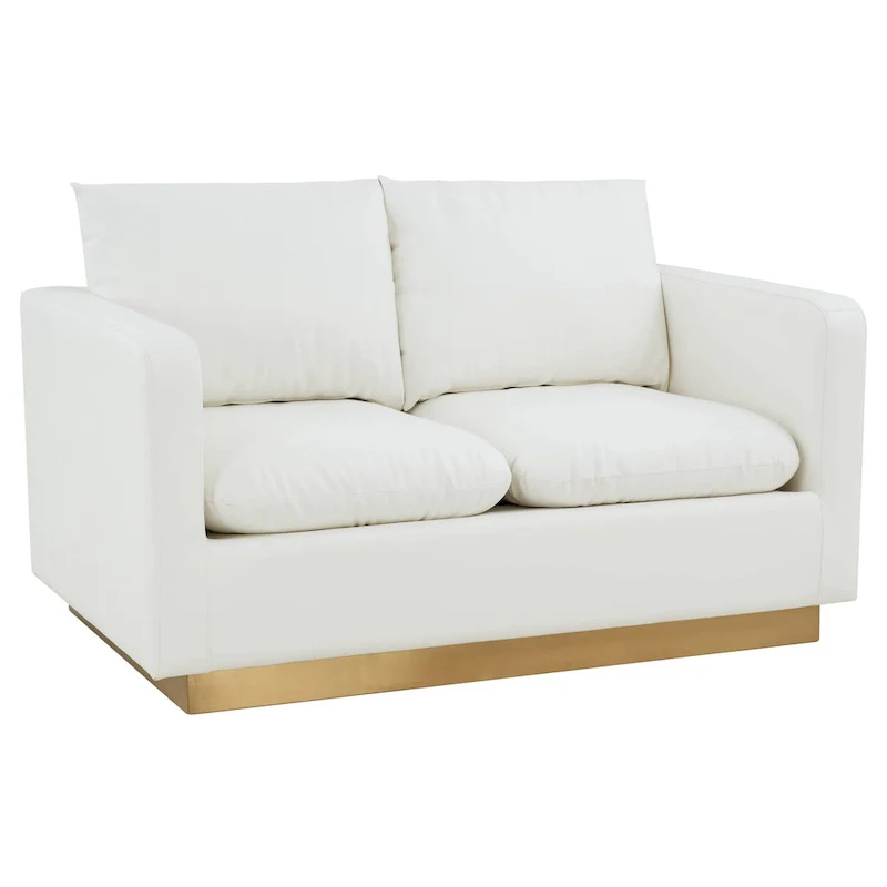 LeisureMod Nervo Modern Leather Loveseat With Gold Base & Cushions - 55.9