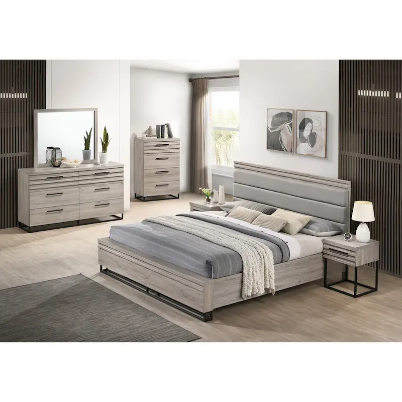 Alvear Upholstered Wood Panel Bed, Dresser, Mirror, 2 Nightstands, and Chest, Weathered Gray