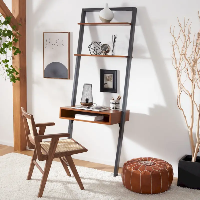 Leaning Desk with 2 Shelves - Black Ladder Style Home Office Desk 76.9