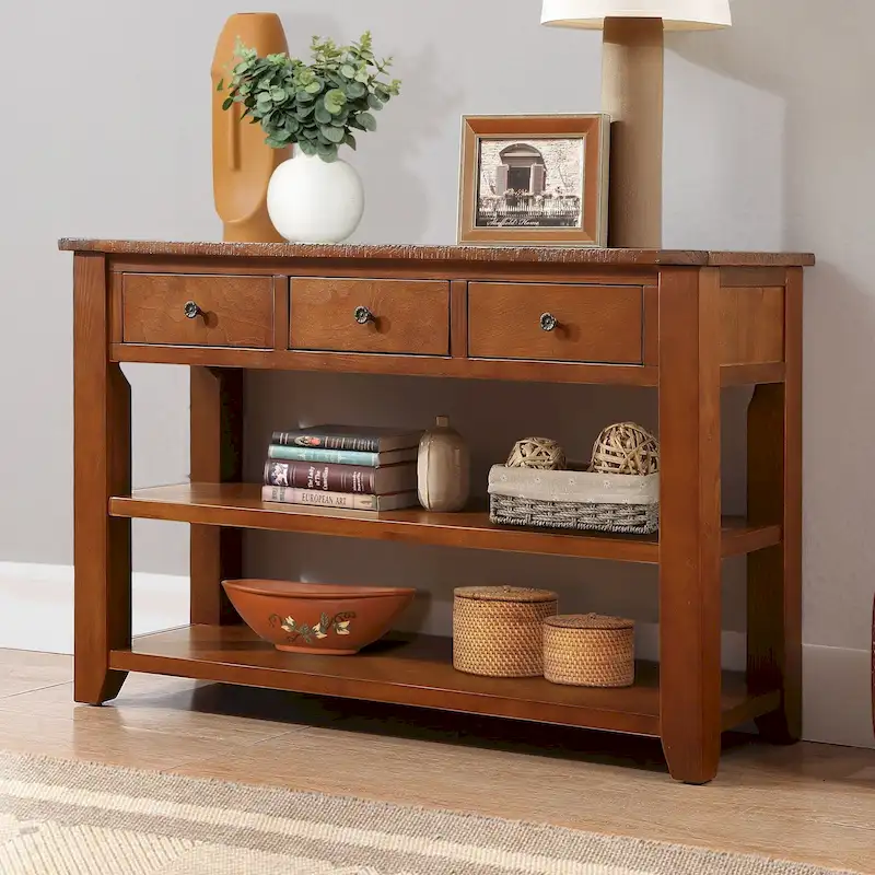 Modern Solid Pine Wood Top Console Table with 3 Drawers and 2 Shelves
