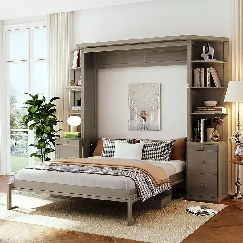GDF Studio Leonard Murphy Bed with Desk, Storage Shelves and Cabinets, Lights
