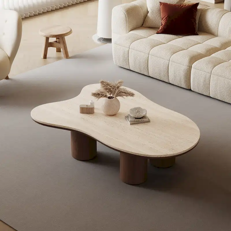 48 Modern Wood Coffee Table, Matte Stone Top, cloud Shaped